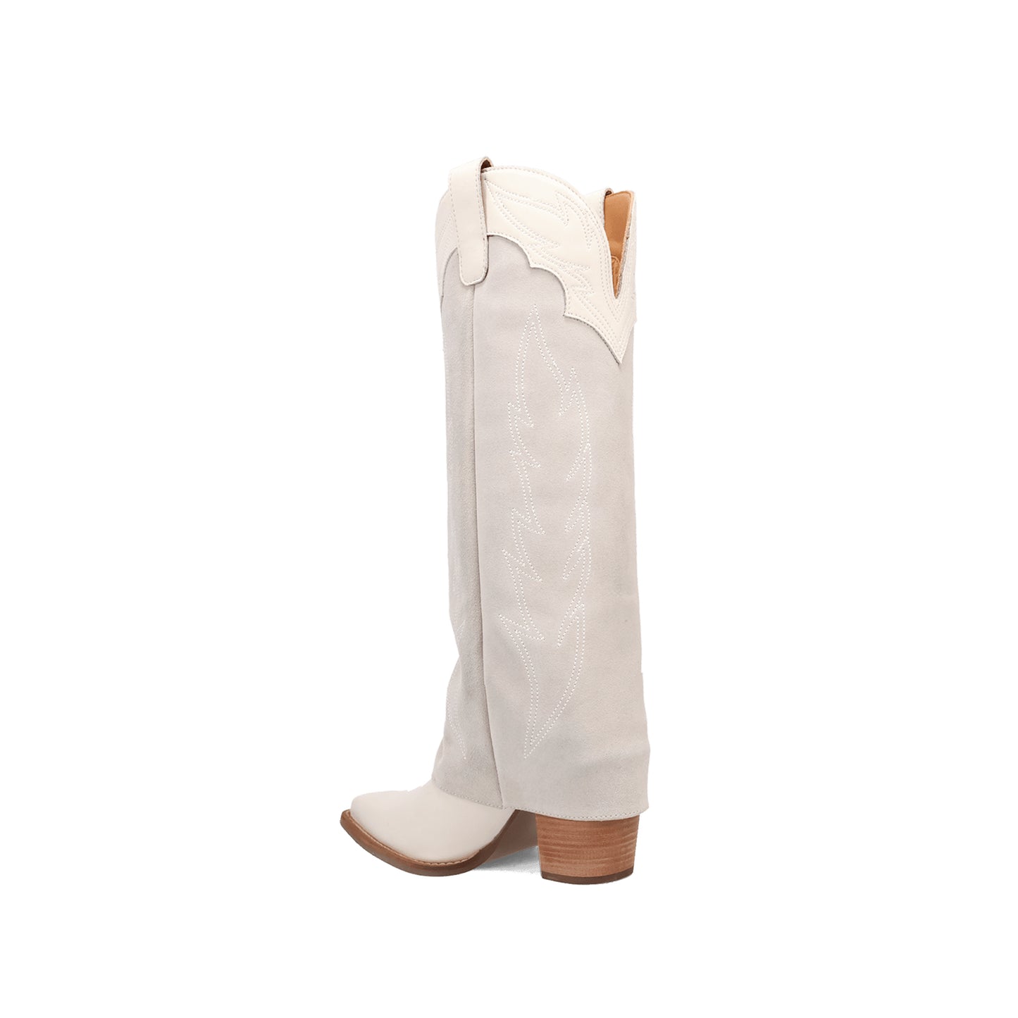 White Snip-Toe Faux Suede Fold-Over Embroidery Wide Calf Knee High Cowgirl Boots