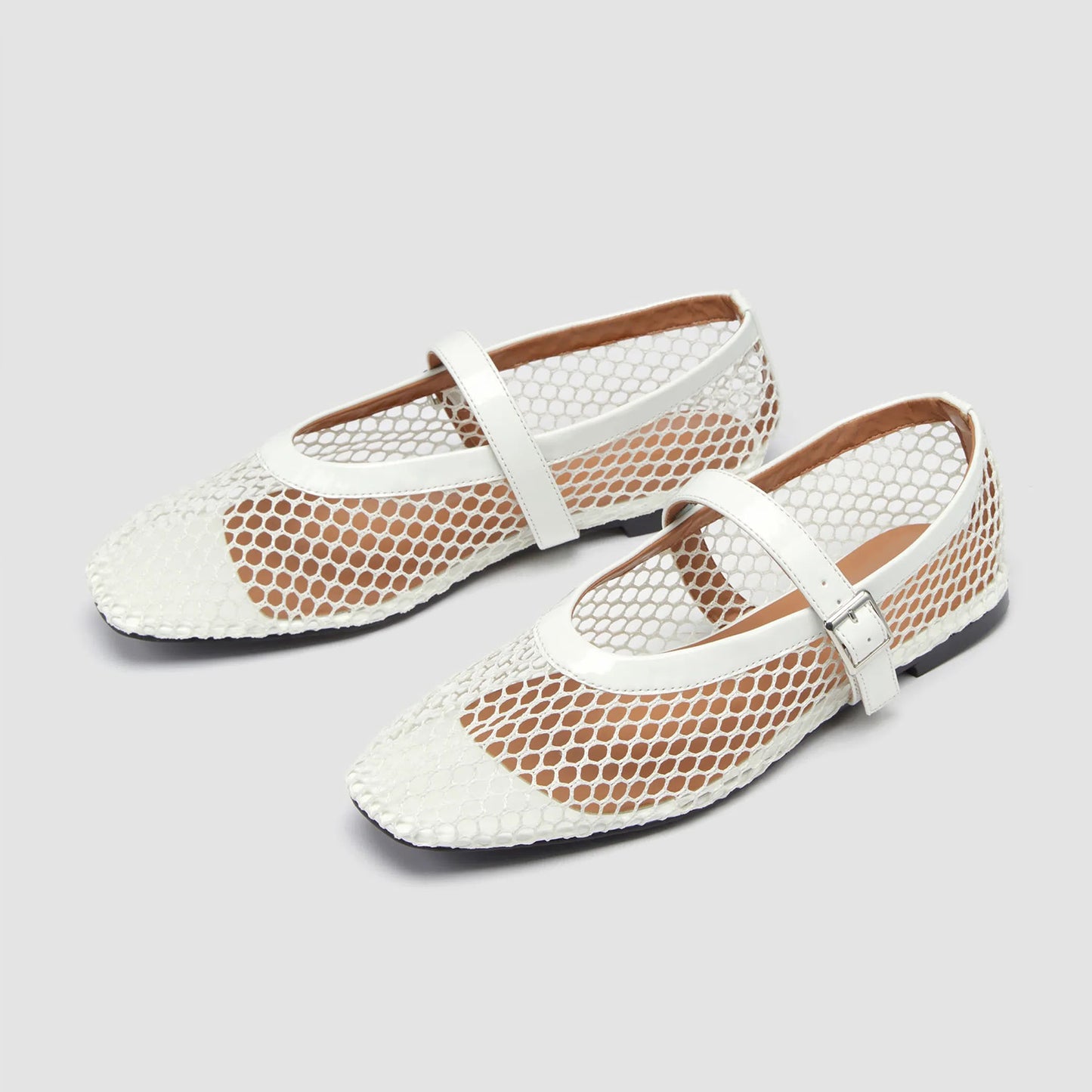 White Mesh And Patent Leather Square-Toe Mary Jane Ballet Flats