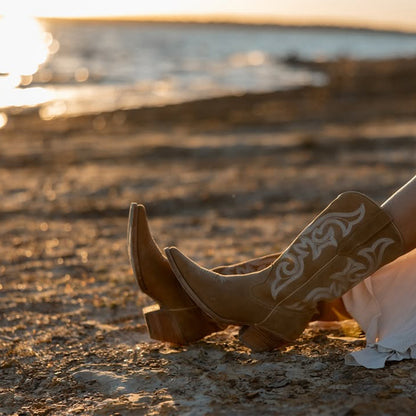 Sand Faux Suede Snip-Toe Mid Calf Embroidery Cowgirl Boots