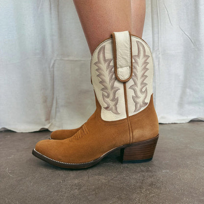 Contrast White And Brown Faux Suede Almond-Toe Embroidery Ankle Cowgirl Boots