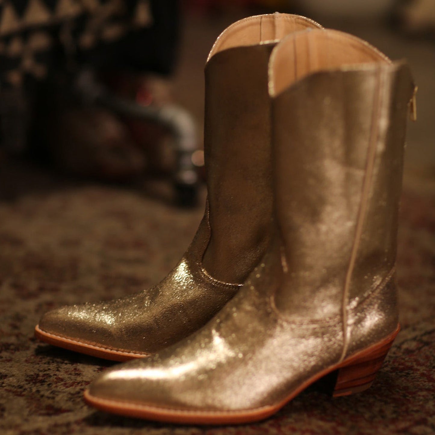 Metallic Gold Almond-Toe Simple Back Full-Zip Mid Calf Cowgirl Boots