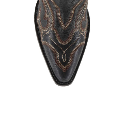 Distressed Black Snip-Toe Wide Calf Embroidery Knee High Cowgirl Boots