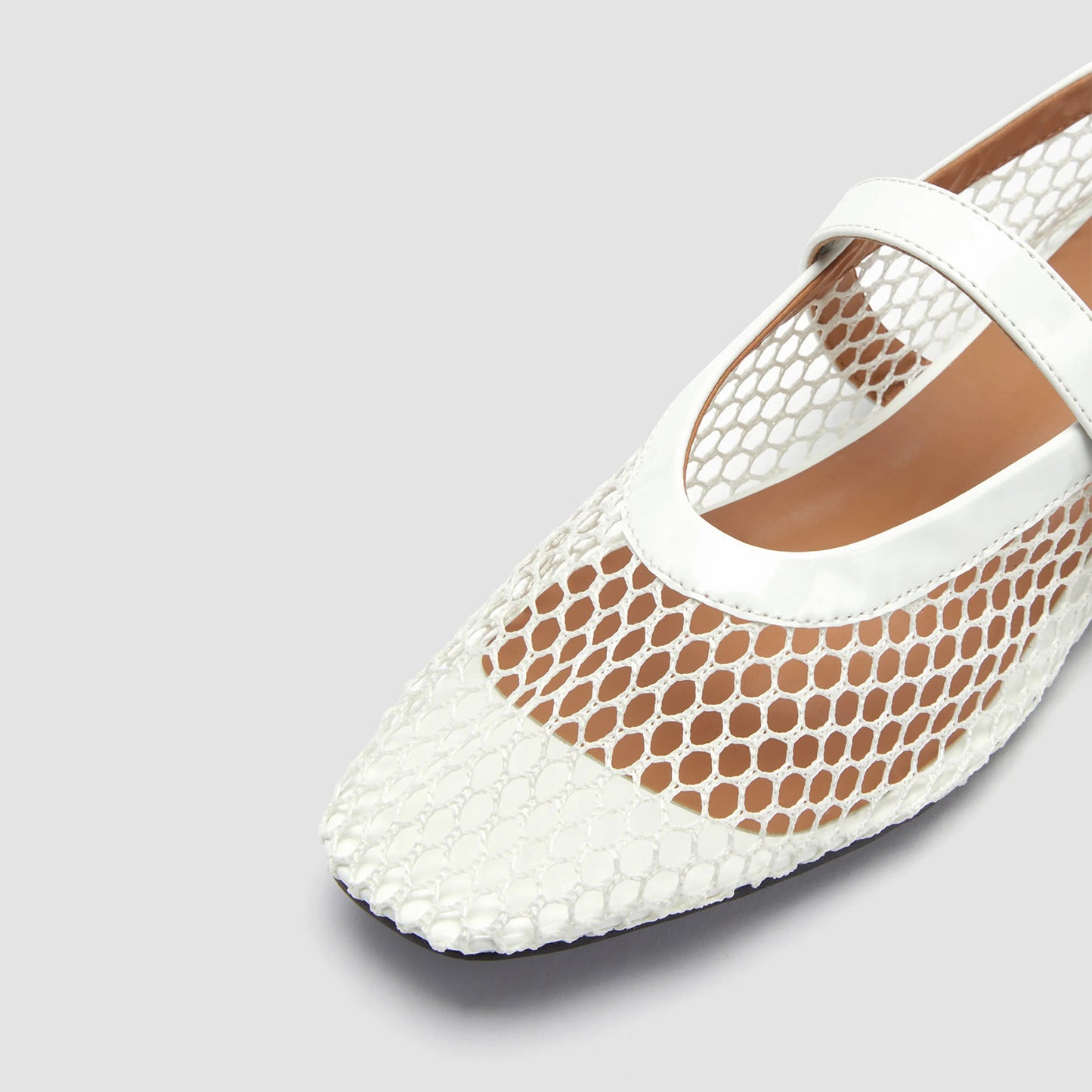 White Mesh And Patent Leather Square-Toe Mary Jane Ballet Flats
