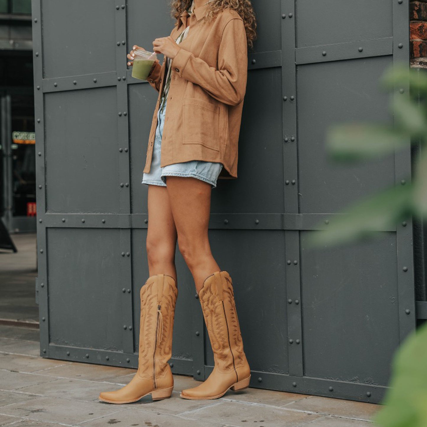 Tan Snip-Toe Grace Embroidery Half-Zip Knee High Cowgirl Boots