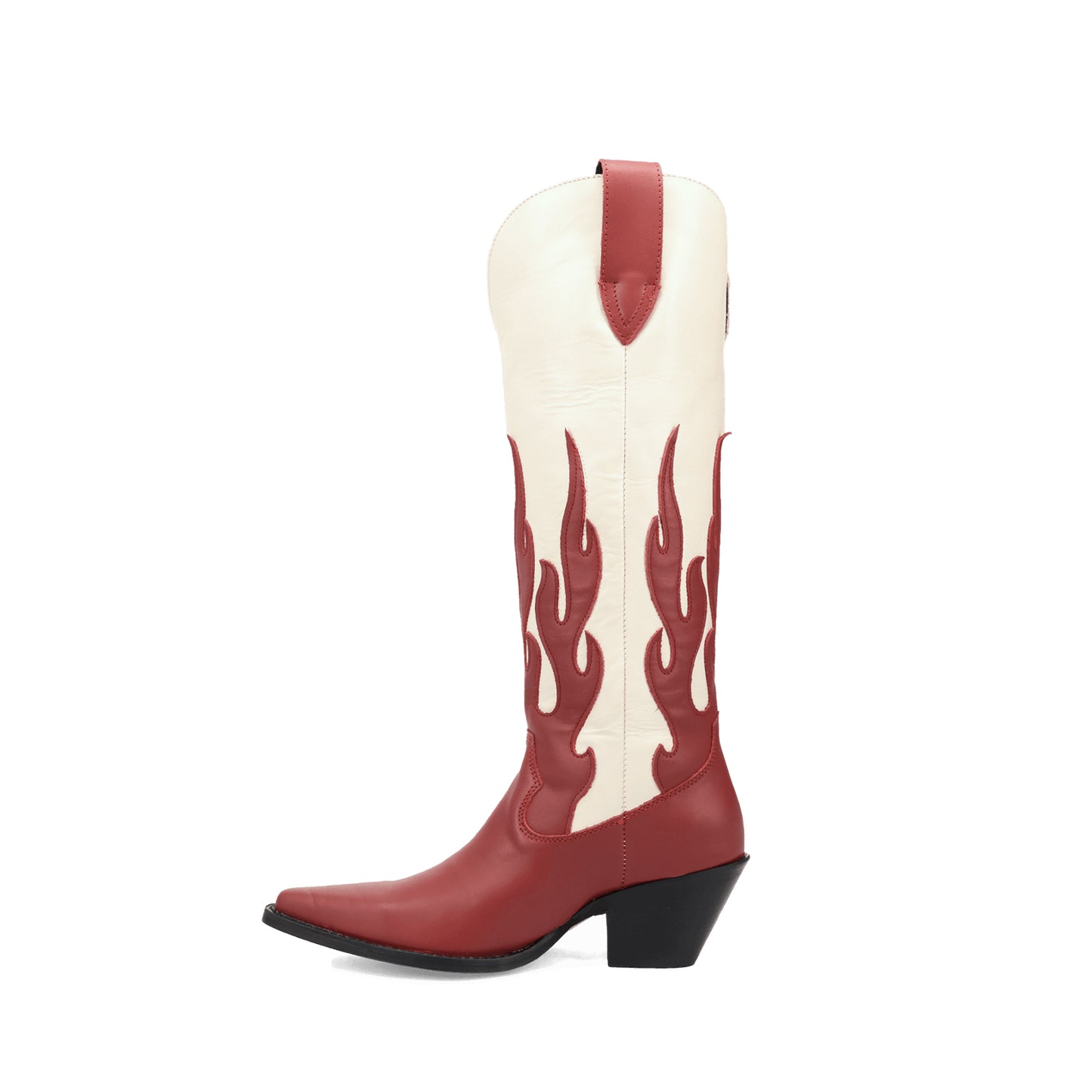 Contrast Red And Ivory Pointed-Toe Flame Appliques Wide Calf Knee High Cowgirl Boots