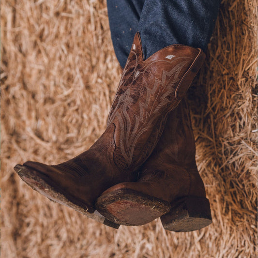 Distressed Dark Brown Square-Toe Embroidery Mid Calf Cowgirl Boots