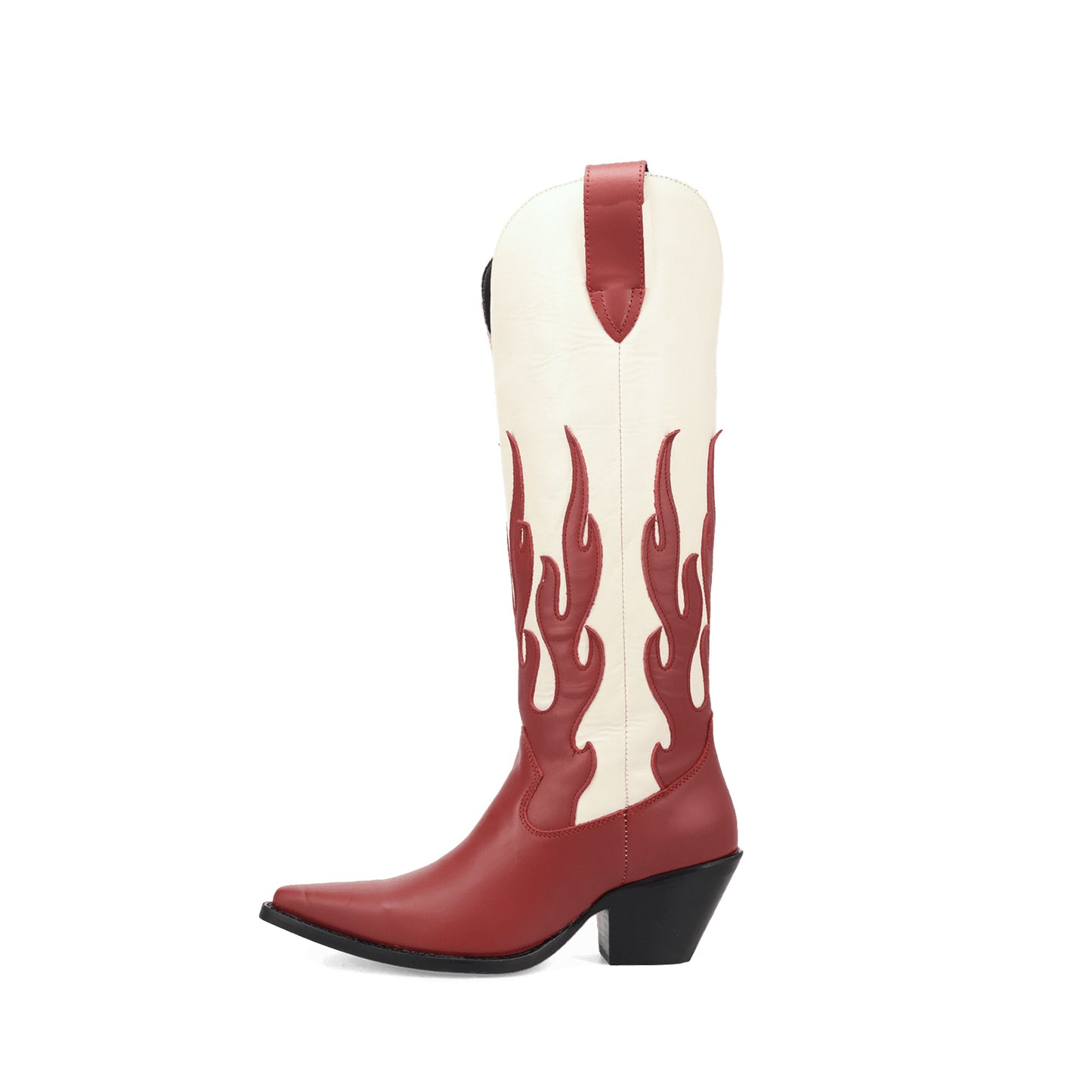 Contrast Red And Ivory Pointed-Toe Flame Appliques Wide Calf Knee High Cowgirl Boots