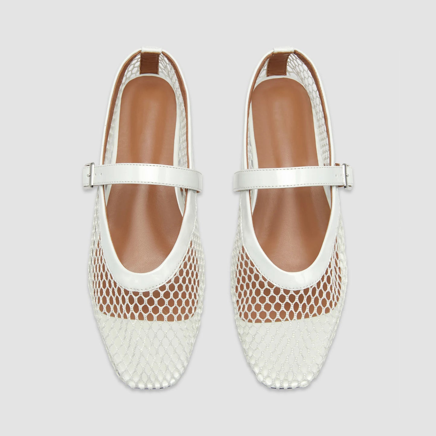 White Mesh And Patent Leather Square-Toe Mary Jane Ballet Flats