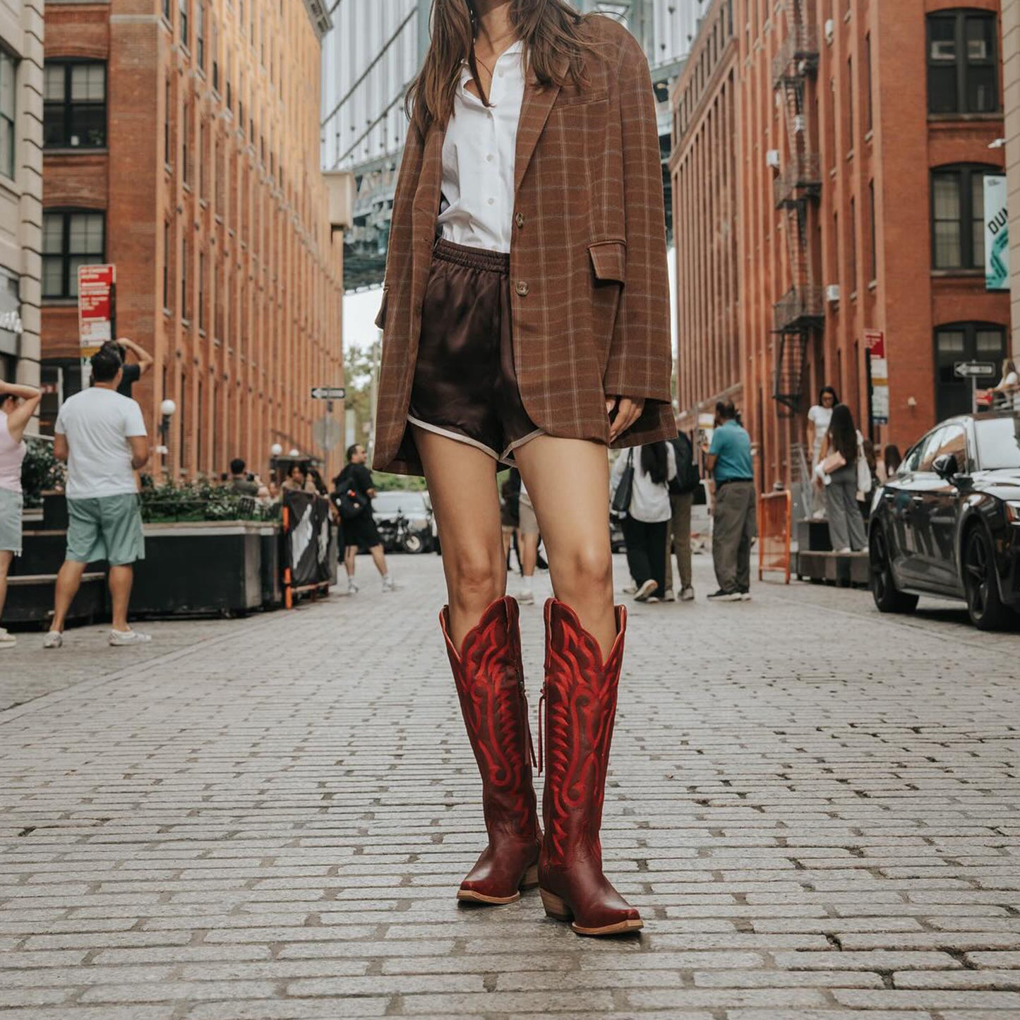 Red Snip-Toe Grace Embroidery Half-Zip Knee High Cowgirl Boots