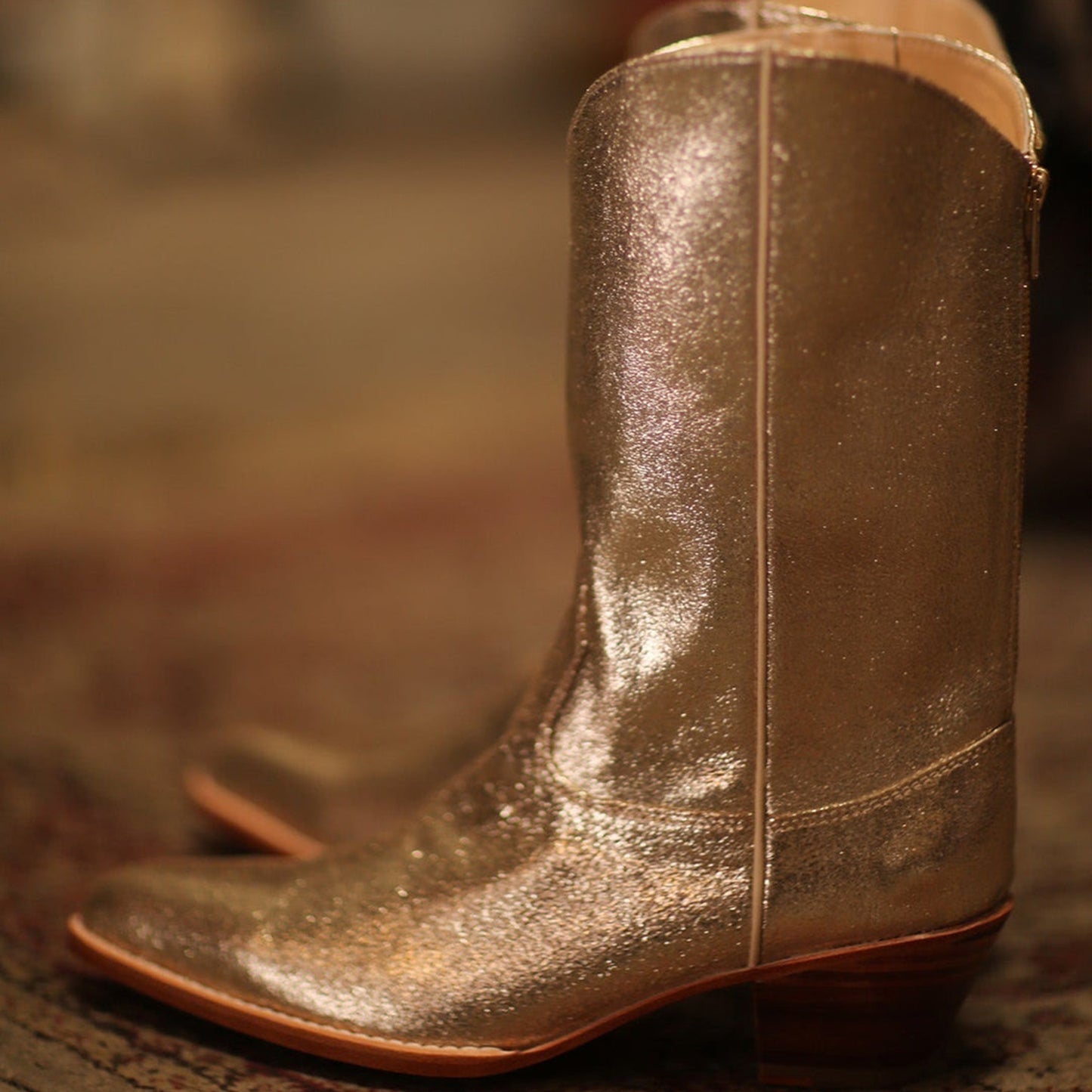 Metallic Gold Almond-Toe Simple Back Full-Zip Mid Calf Cowgirl Boots