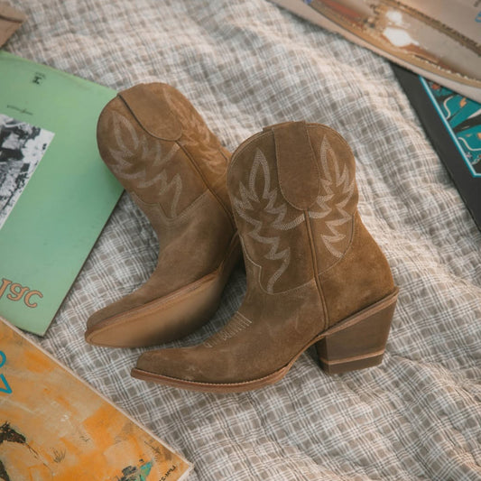 Tan Faux Suede Almond-Toe Embroidery Ankle Cowgirl Boots