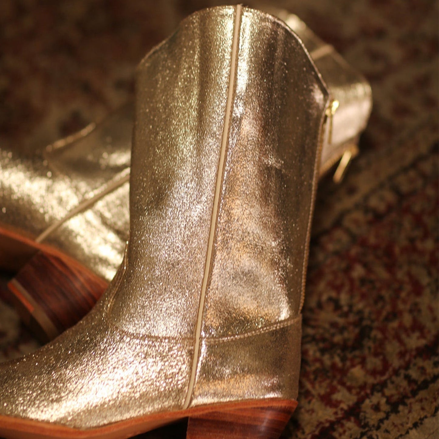 Metallic Gold Almond-Toe Simple Back Full-Zip Mid Calf Cowgirl Boots