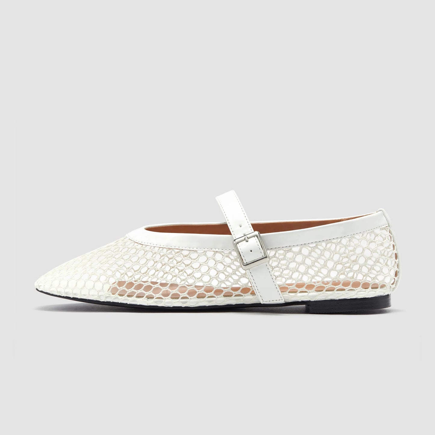 White Mesh And Patent Leather Square-Toe Mary Jane Ballet Flats