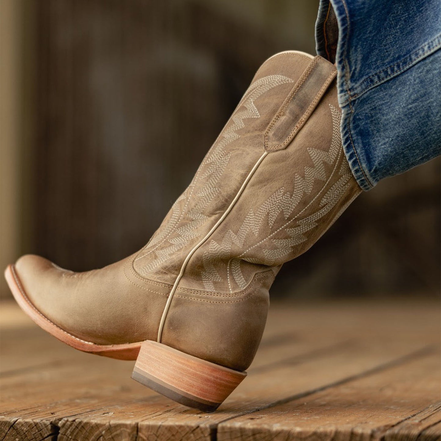 Taupe Snip-Toe Classic Embroidery Simple Mid Calf Cowgirl Boots