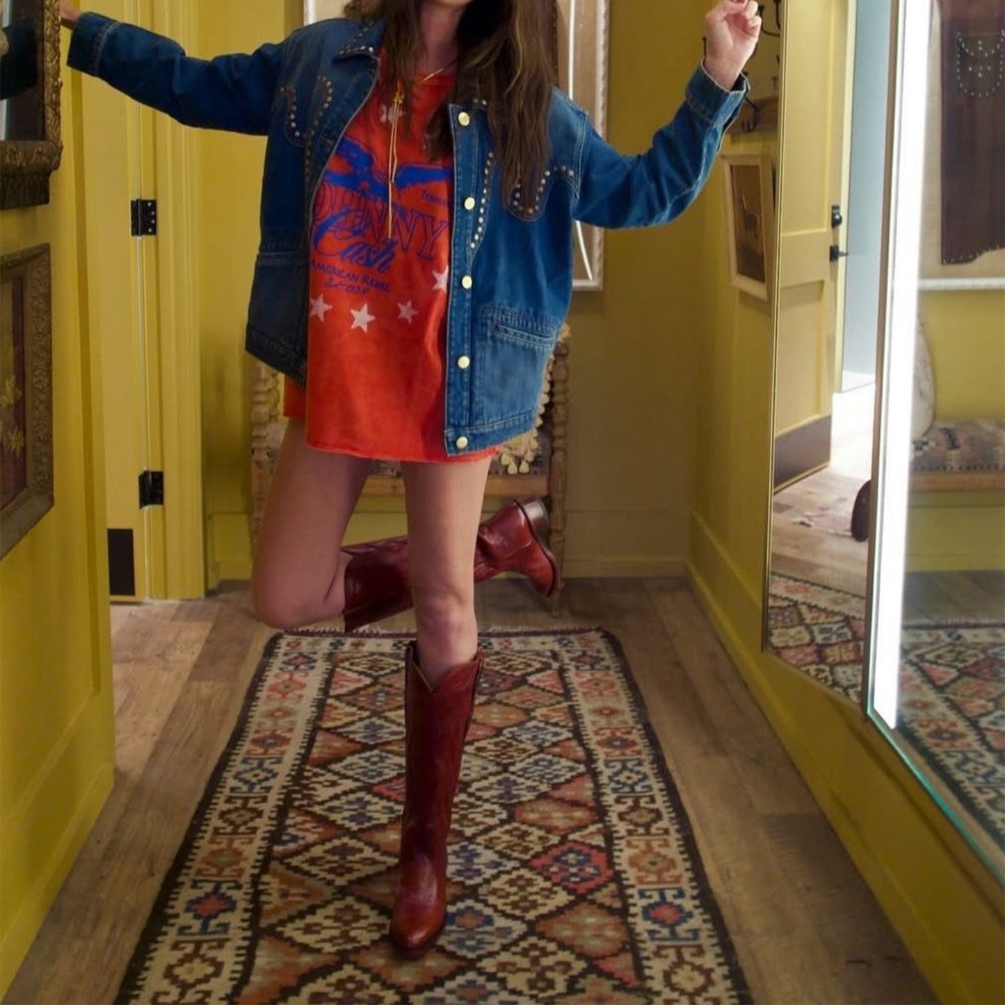 Red Round-Toe Classic Embroidery Wide Calf Knee High Tall Cowgirl Boots