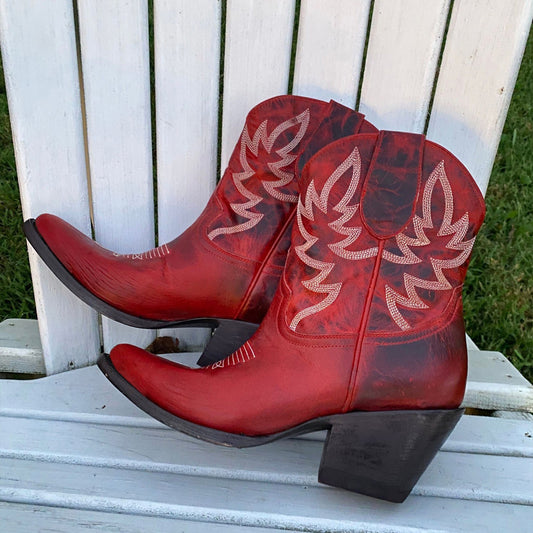Distressed Red Almond-Toe Embroidery Ankle Cowgirl Boots