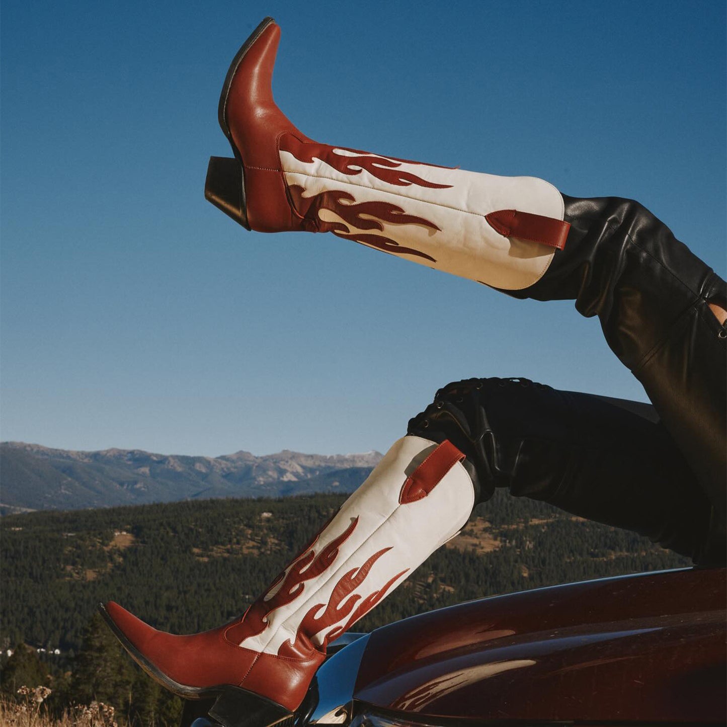 Contrast Red And Ivory Pointed-Toe Flame Appliques Wide Calf Knee High Cowgirl Boots