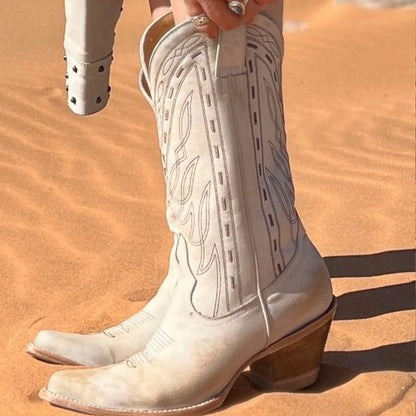 Ivory Pointed-Toe Western Embroidery Mid Calf Cowgirl Boots