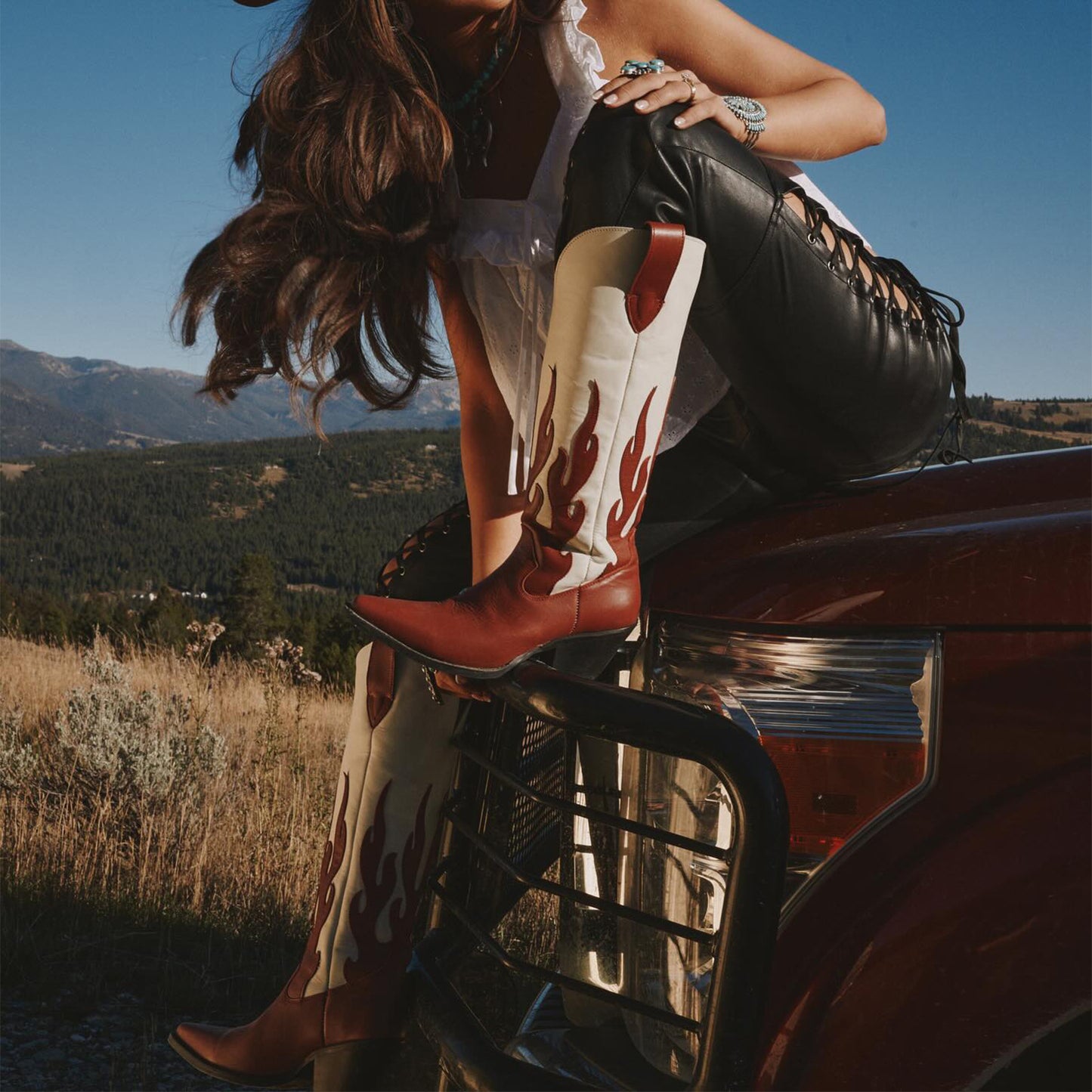 Contrast Red And Ivory Pointed-Toe Flame Appliques Wide Calf Knee High Cowgirl Boots