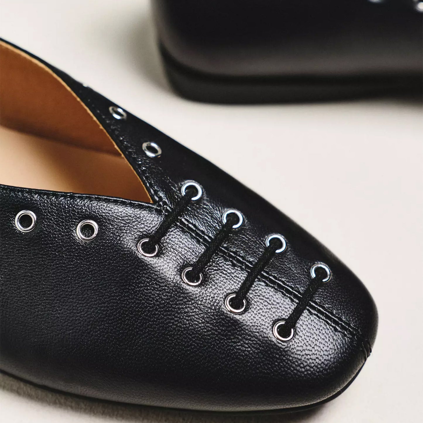 Black Square-Toe Grommet Lace-Up Ballet Flats