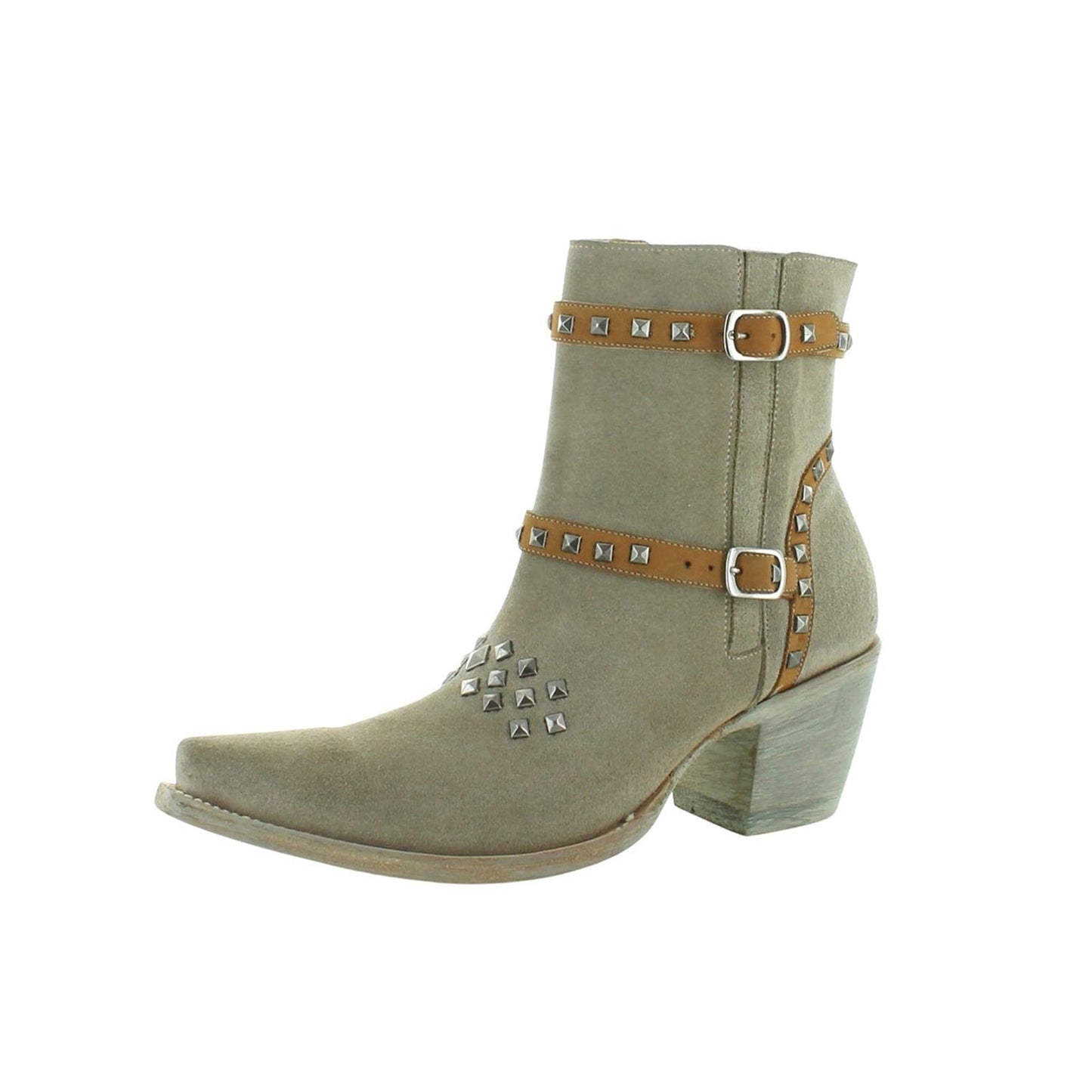 Gray Faux Suede Snip-Toe Studs And Studded Straps Full-Zip Cowgirl Ankle Boots