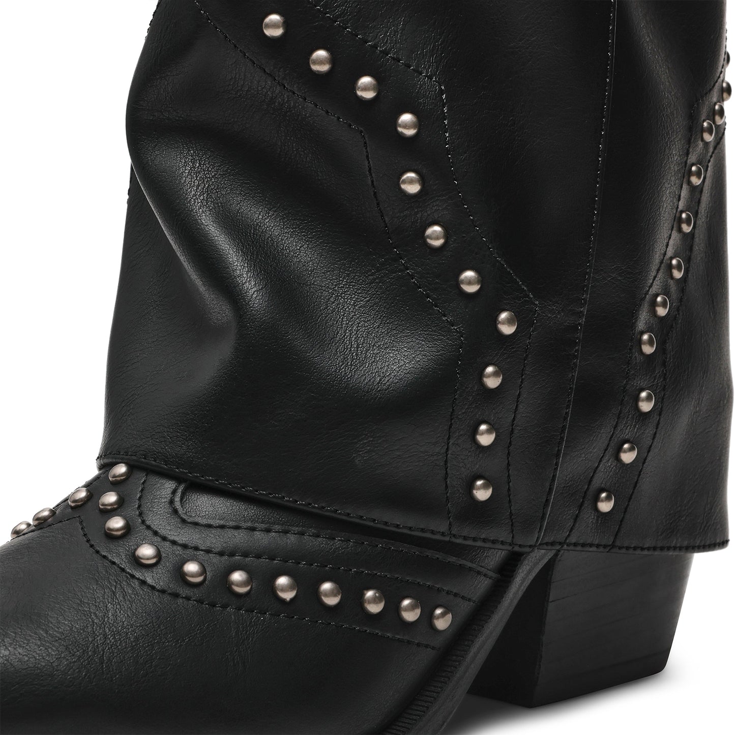Black Pointed-Toe Studded Fold-Over Wide Calf Knee High Cowgirl Boots
