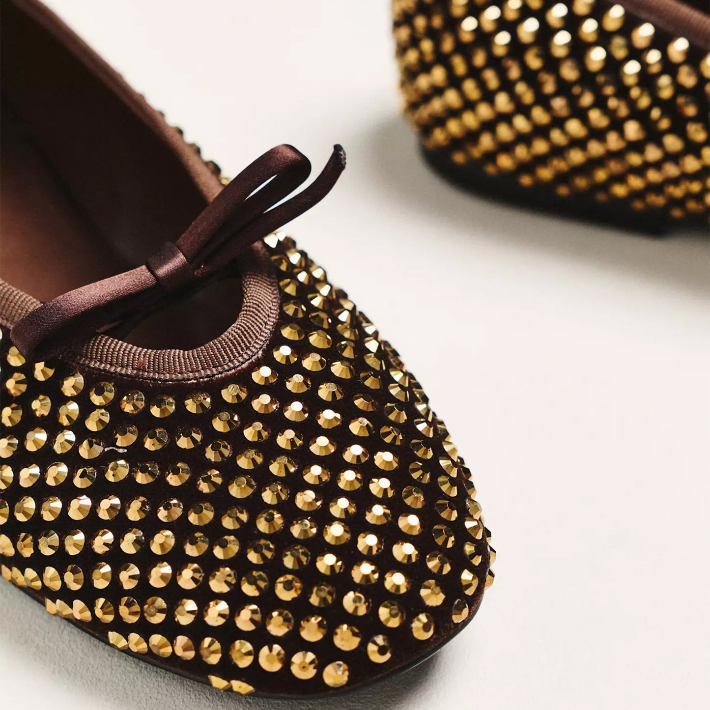 Cocoa Velvet Round-Toe Center Studded Bow Slip-on Ballet Flats