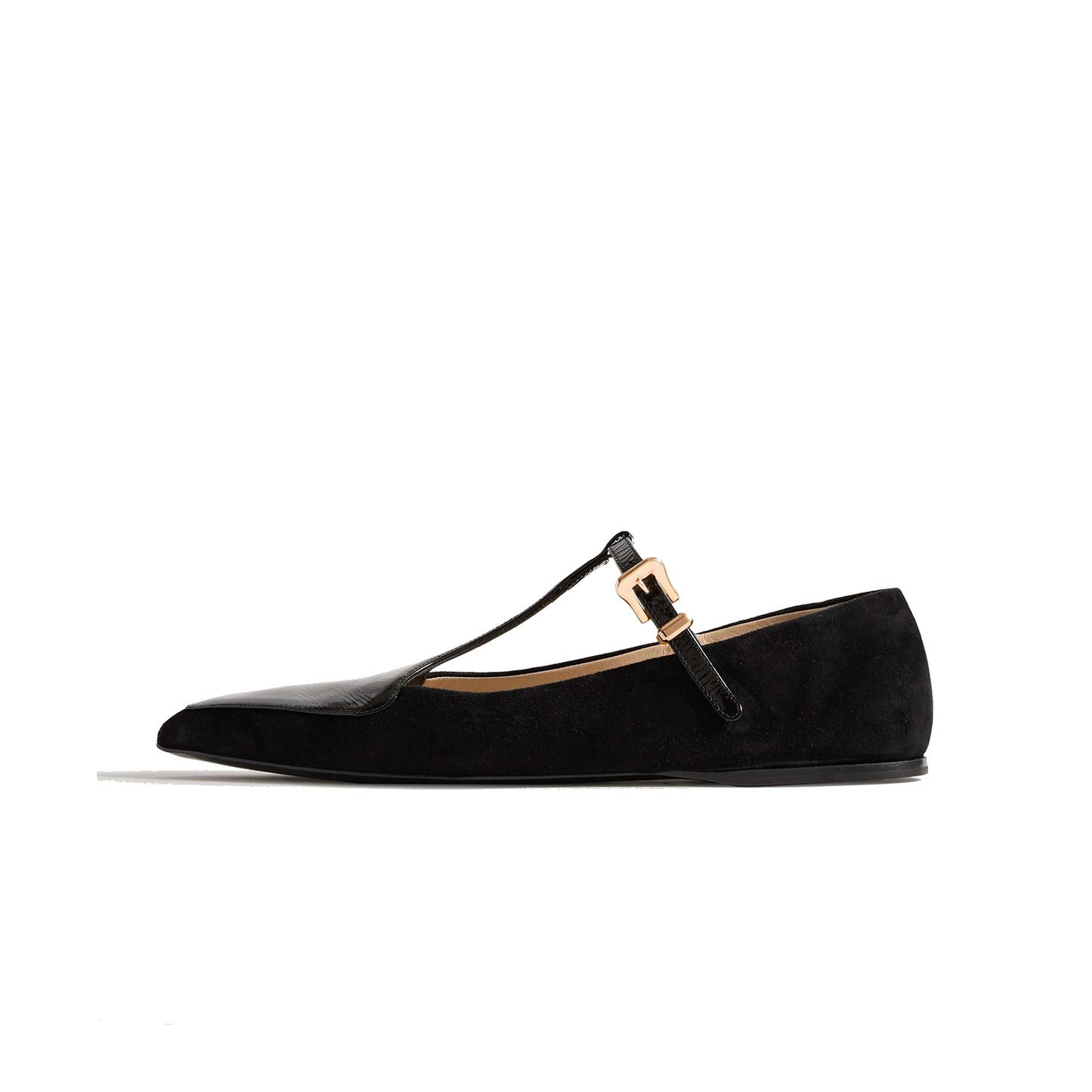 Black Contrast Patent Leather And Faux Suede Pointed-Toe Mary Jane Flats