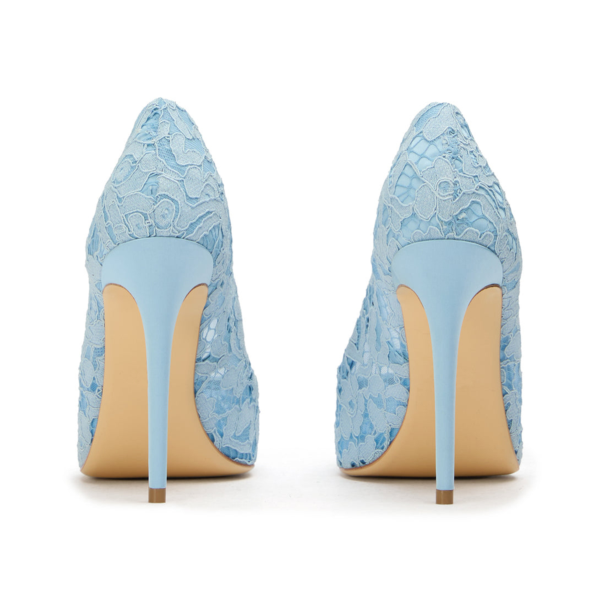 Blue Lace Mesh Pointed-Toe Slip-On High Heels Pumps