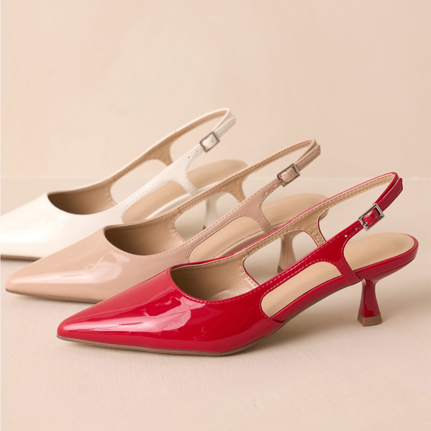 Patent Red Pointed-Toe Classic Slingback Kitten Heels