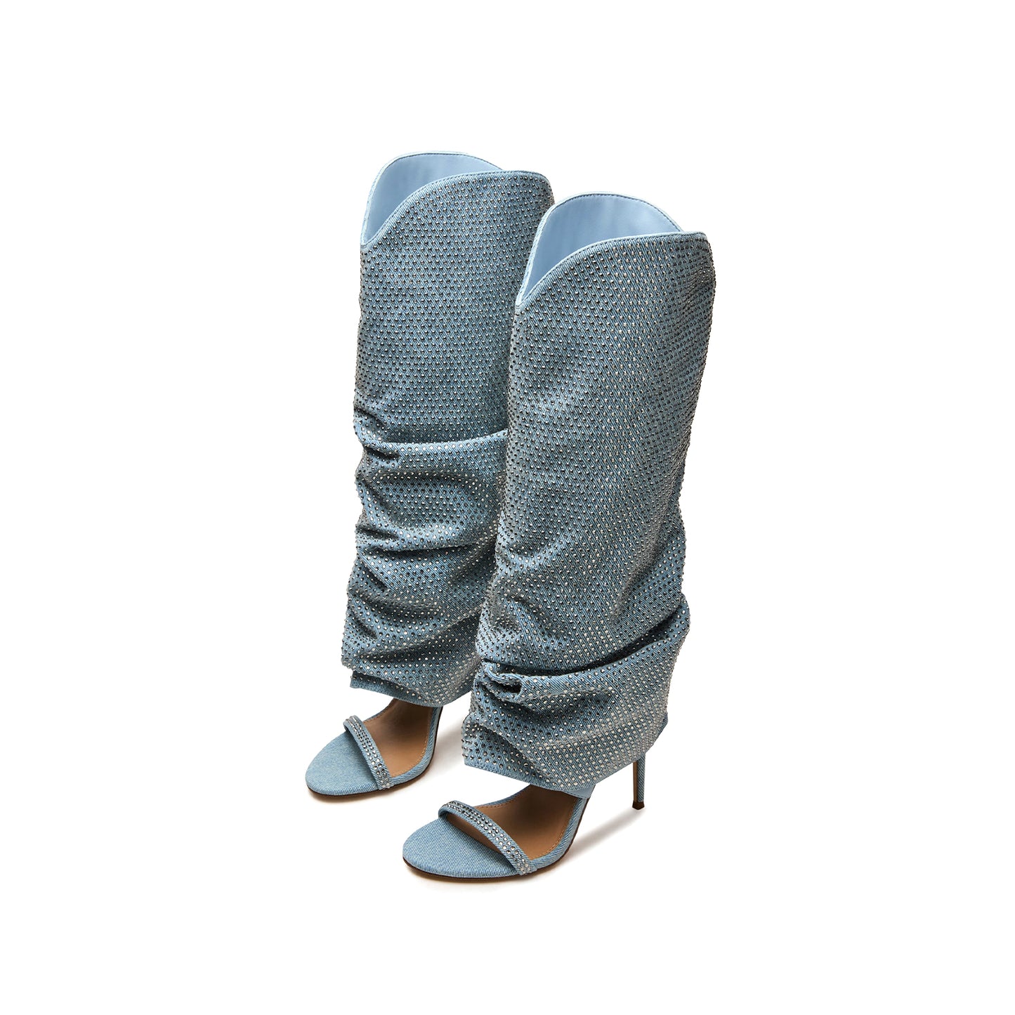 Blue Denim Open Round-Toe Rhinestone Wide Calf Knee High Stiletto Boots