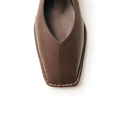 Brown Square-Toe V-Cut Vamps Bridge Self-Tie Bow Ballet Flats