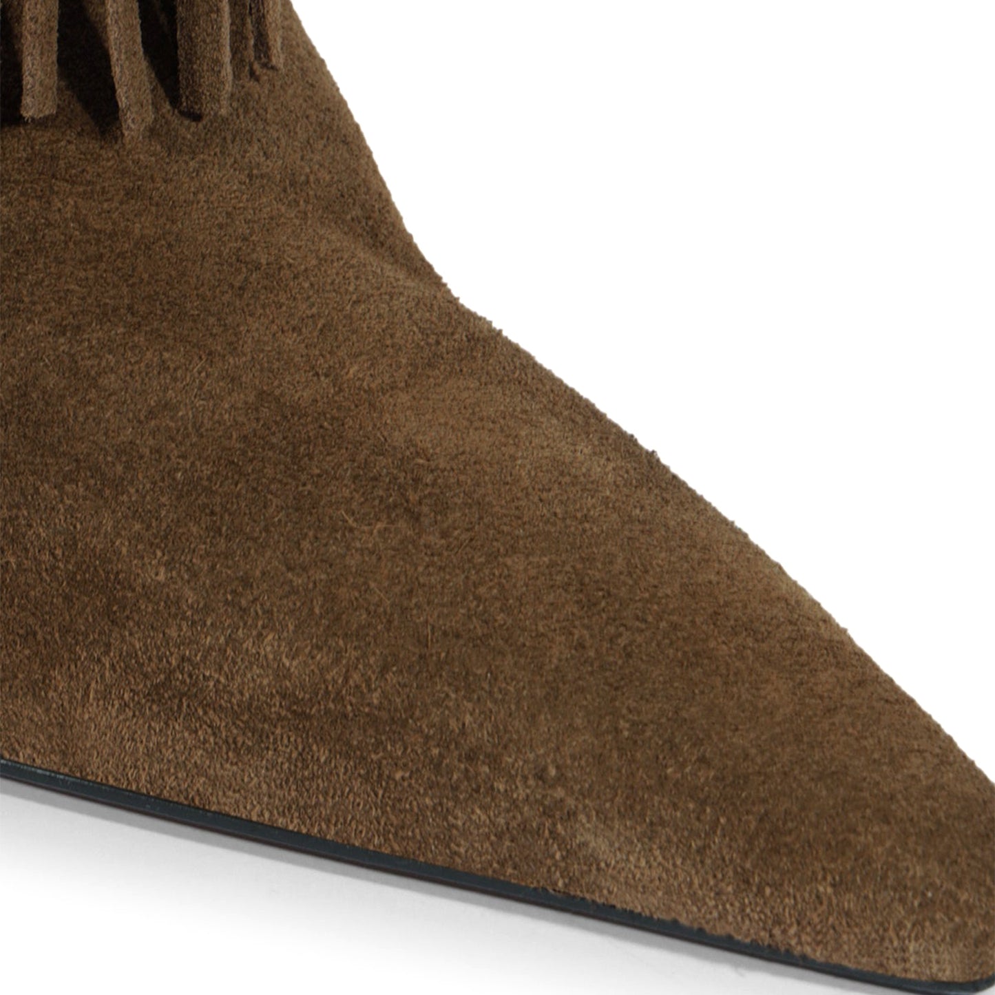Brown Faux Suede Pointed-Toe Shaft Fringe Mid Calf Stiletto Boots