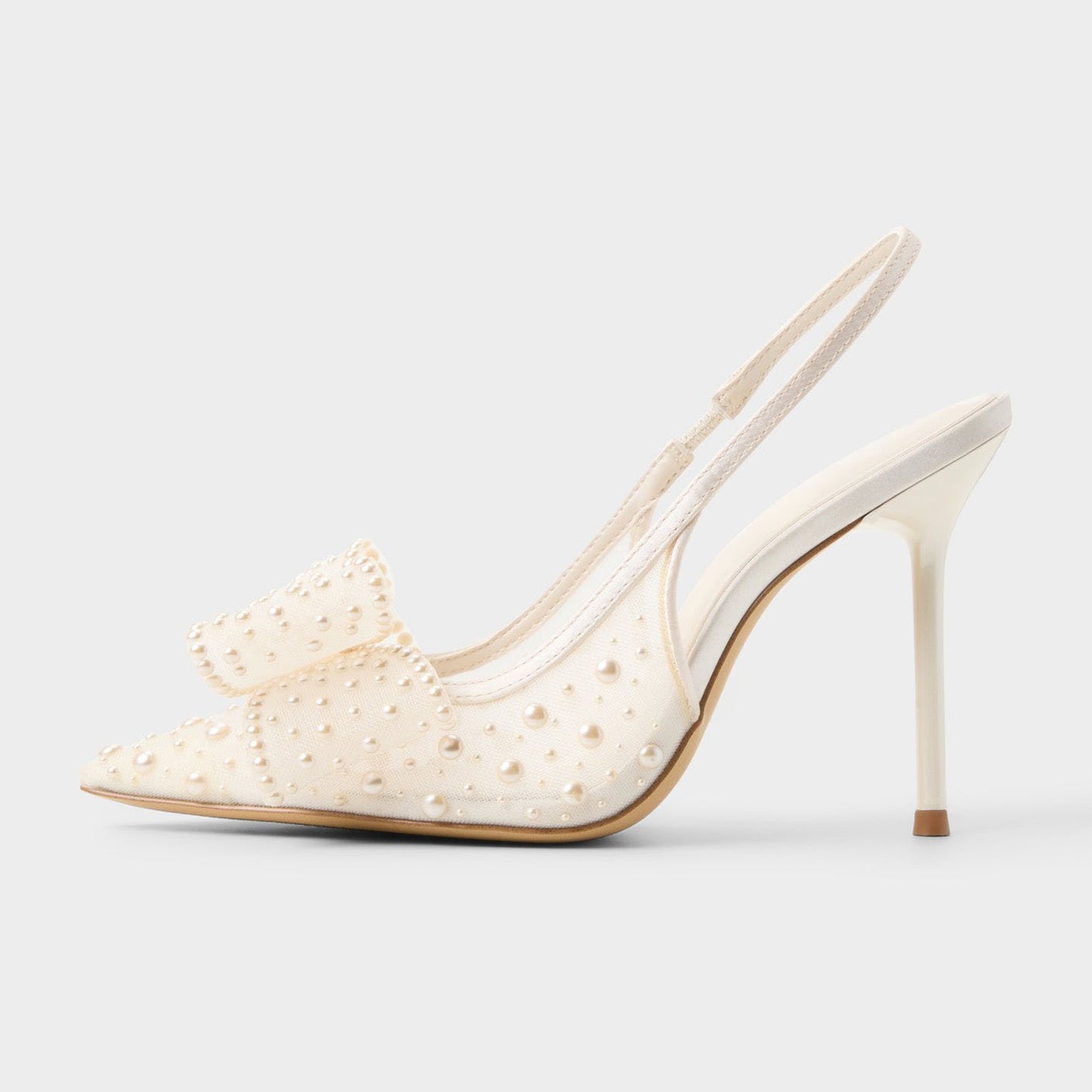 Ivory Satin And Mesh Pointed-Toe Full Pearl And Front Bow Slingback High Heels