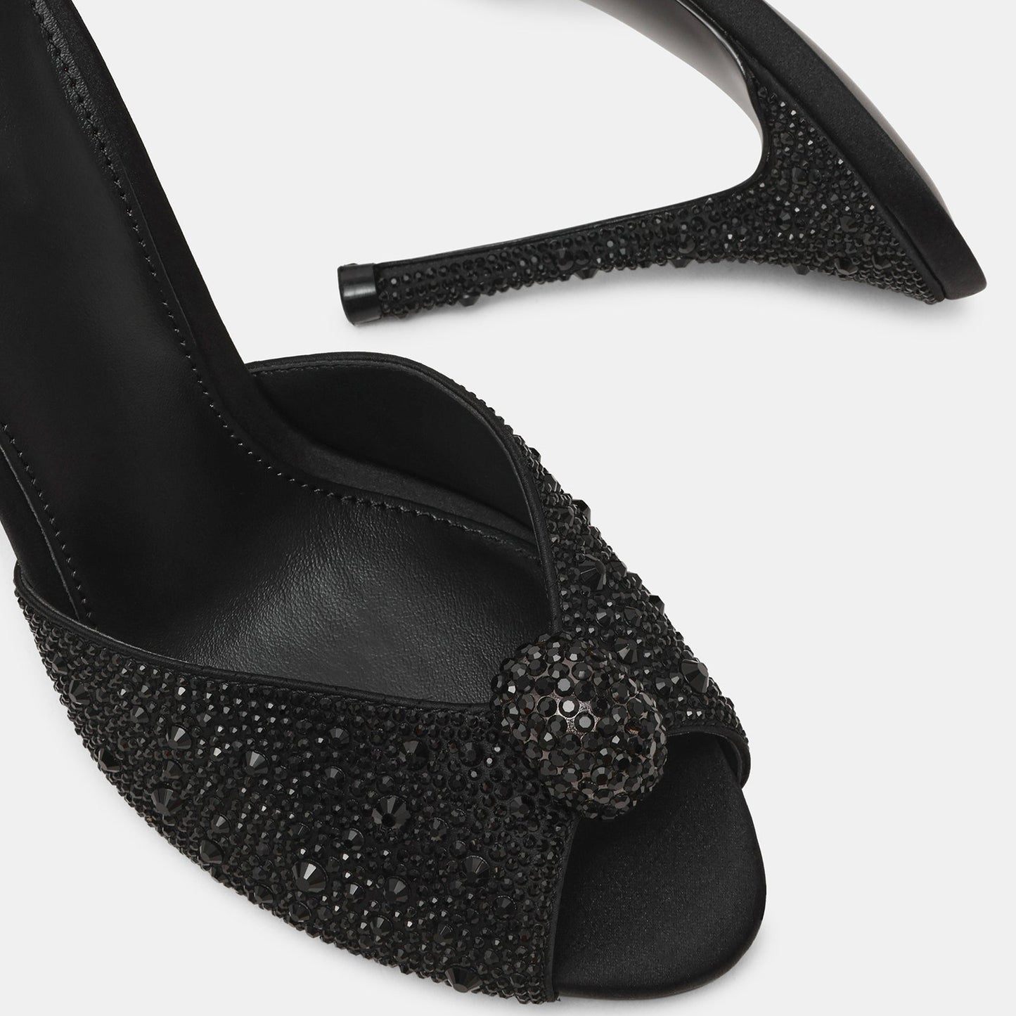 Black Satin With Rhinestones Peep Round-Toe Slip-On Backless High Heels