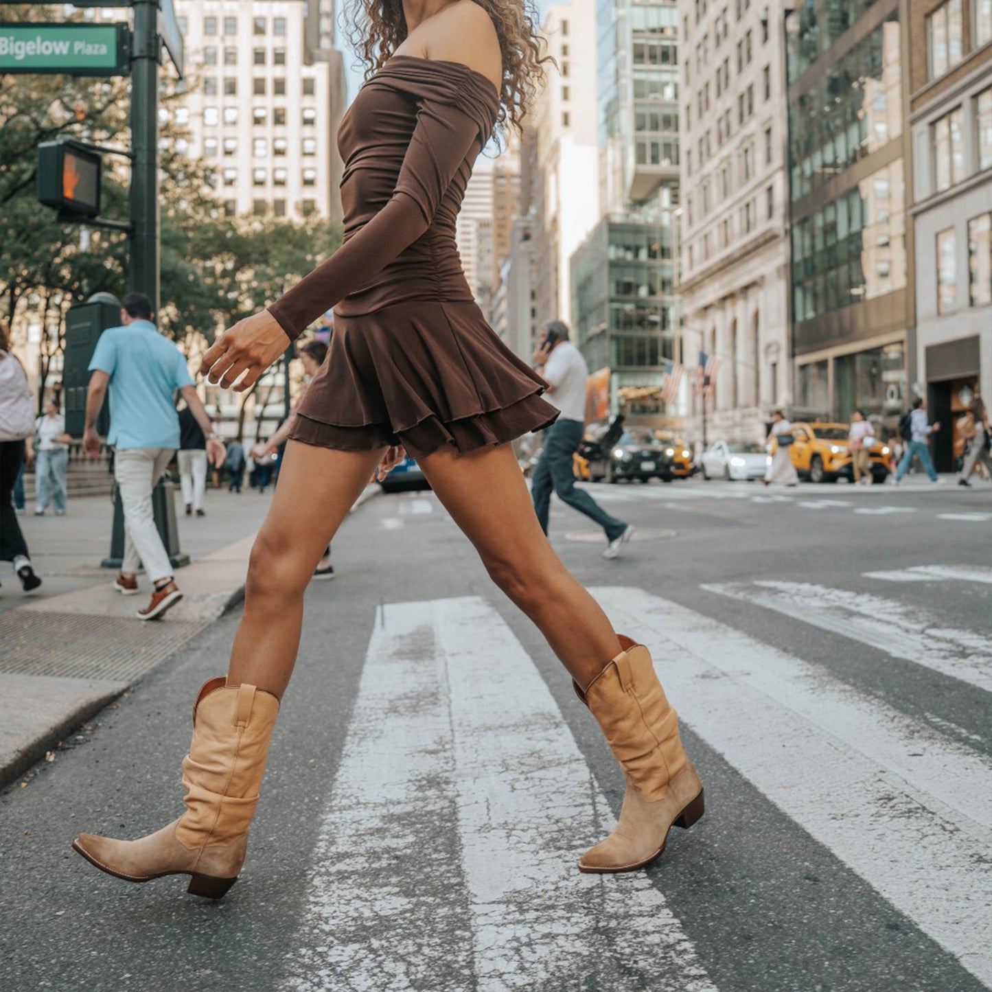 Contrast Sand Vegan Leather And Brown Faux Suede Snip-Toe Slouch Chic Mid Calf Cowgirl Boots