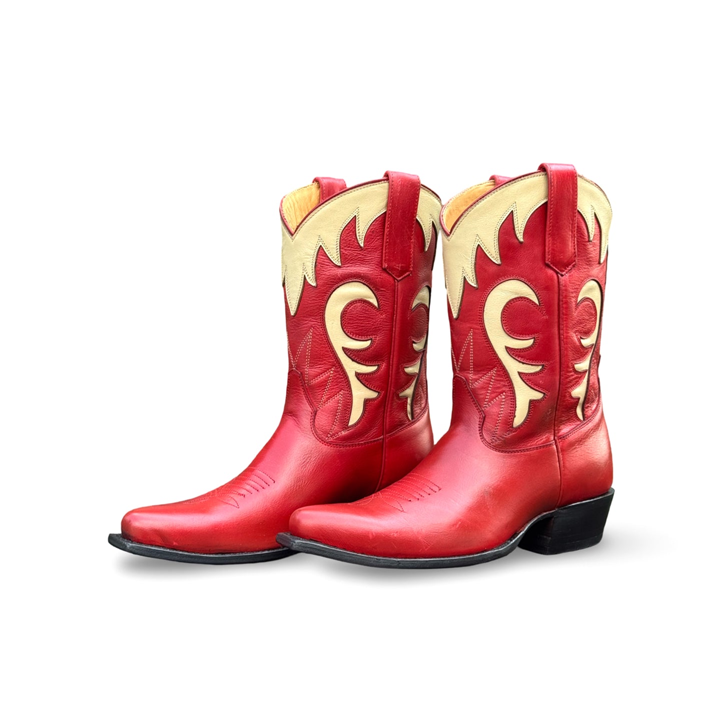 Red Snip-Toe Cream Inlay Embroidery Mid Calf Cowgirl Boots