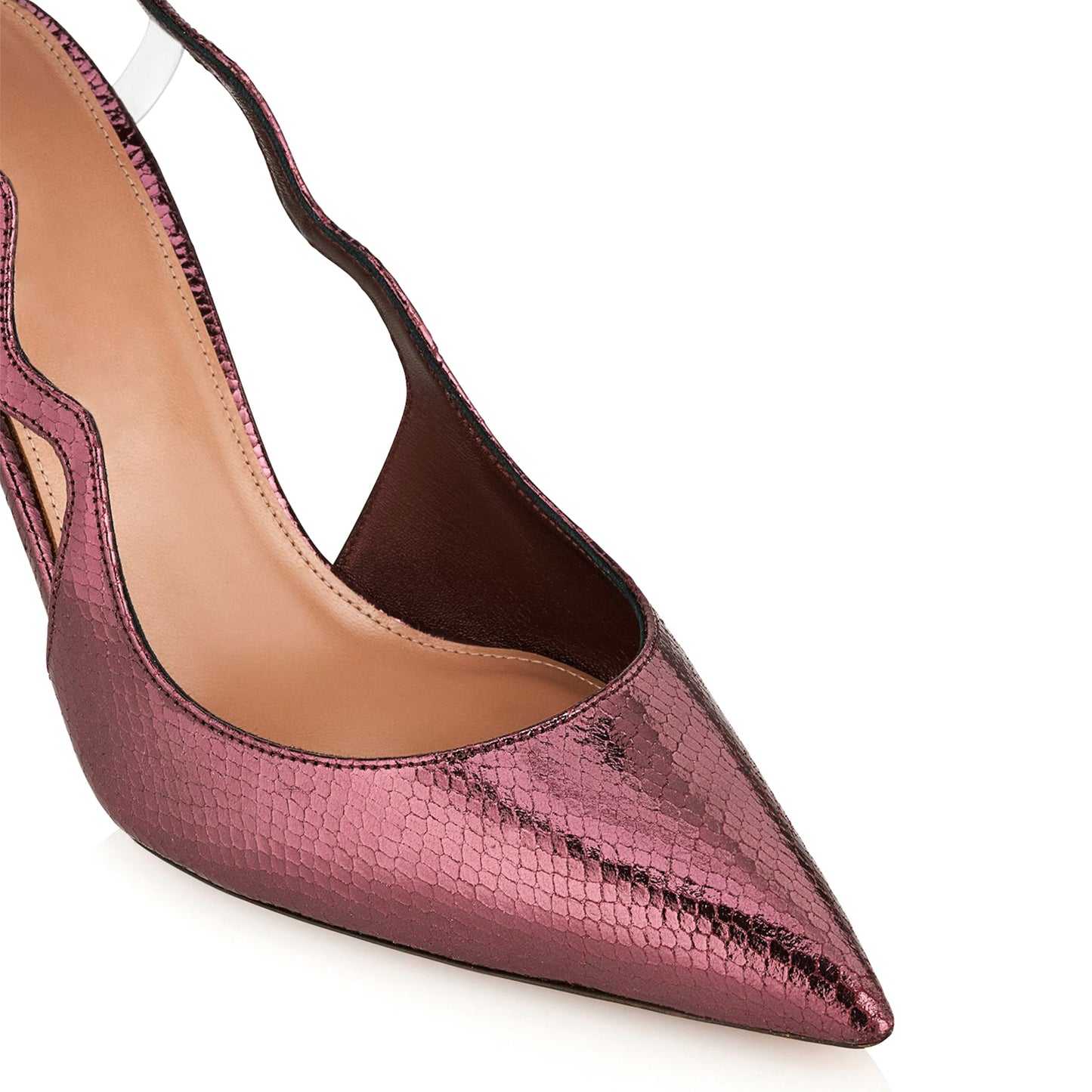 Metallic Wine Red Snakeskin Pointed-Toe Undulating Slingback High Heels