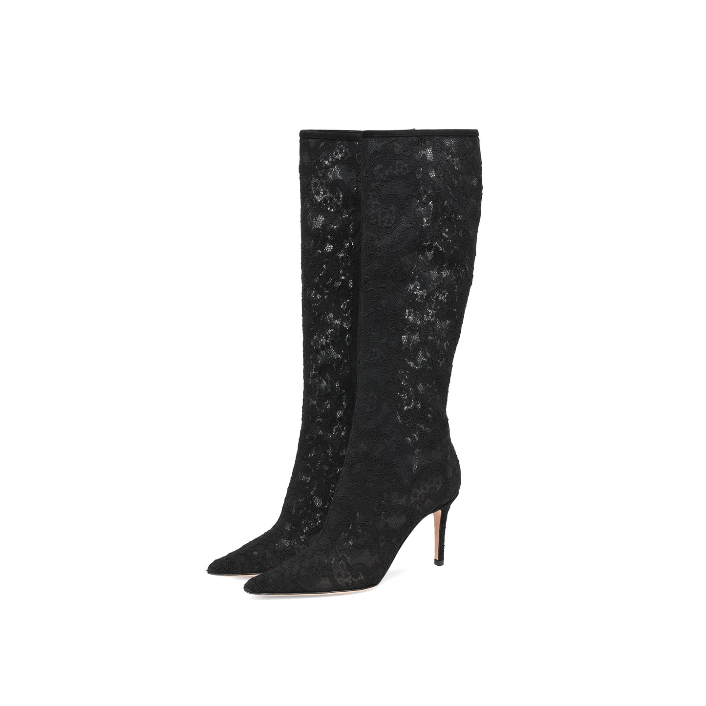 Black Lace Mesh Pointed-Toe Full-Zip Knee High Stiletto Boots