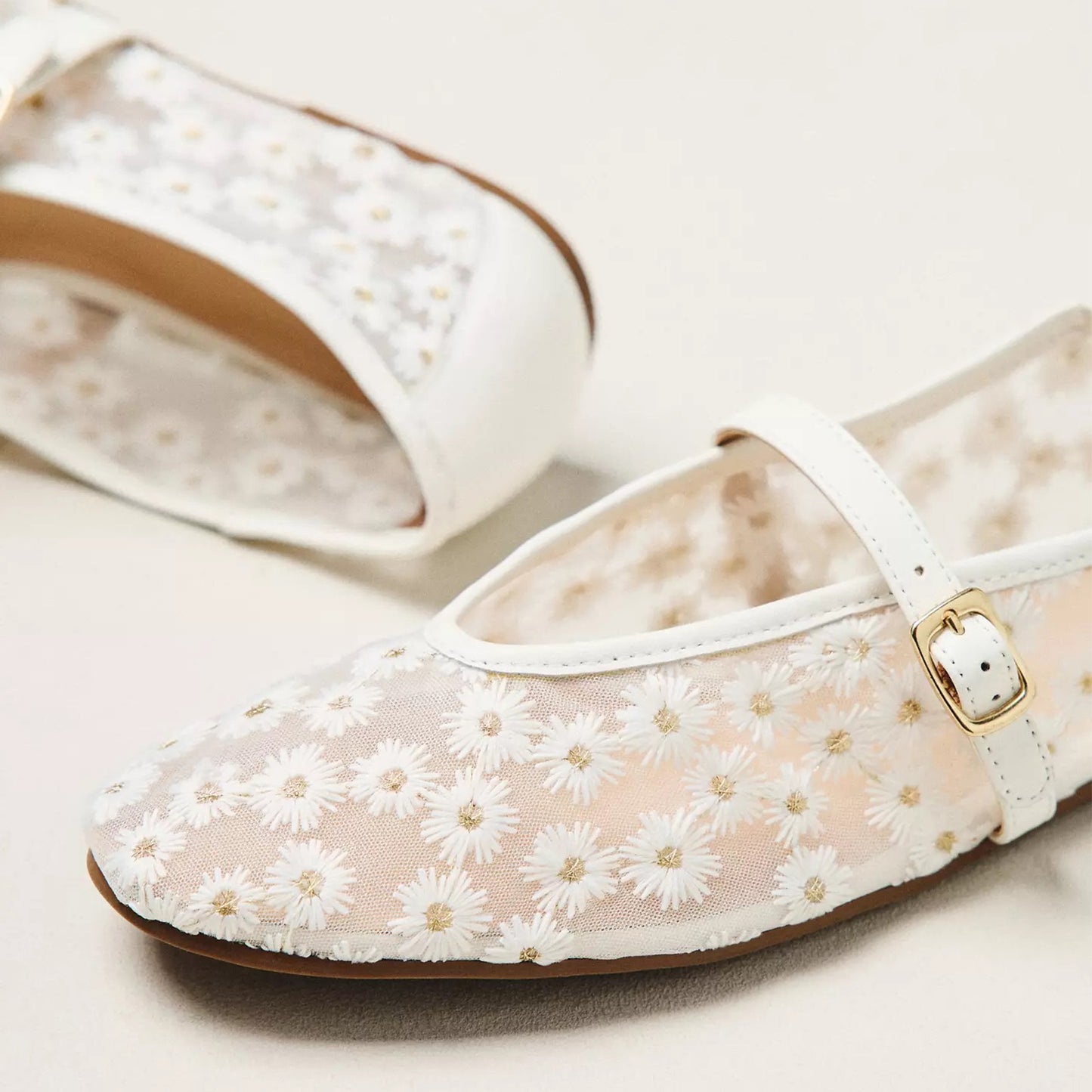 Cream Mesh Round-Toe Little Flowers Embroidery Mary Jane Ballet Flats