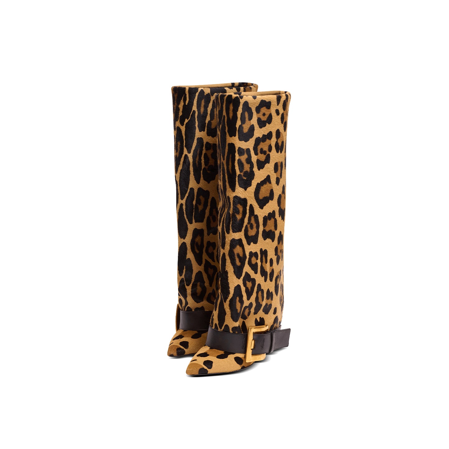 Leopard Pointed-Toe Bottom Buckle Fold-Over Wide Calf Knee High Stiletto Boots