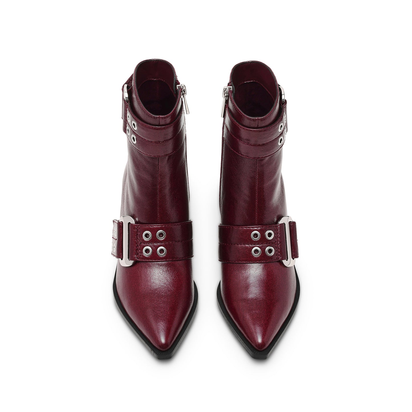 Burgundy Pointed-Toe Full-Zip Buckle Straps With Eyelets Ankle Cowgirl Boots
