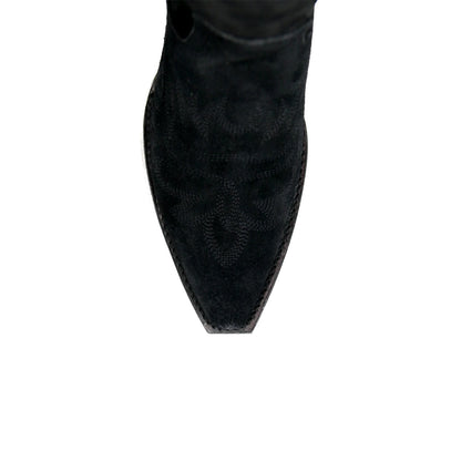 Black Faux Suede Snip-Toe Embroidery Half-Zip Knee High Cowgirl Boots