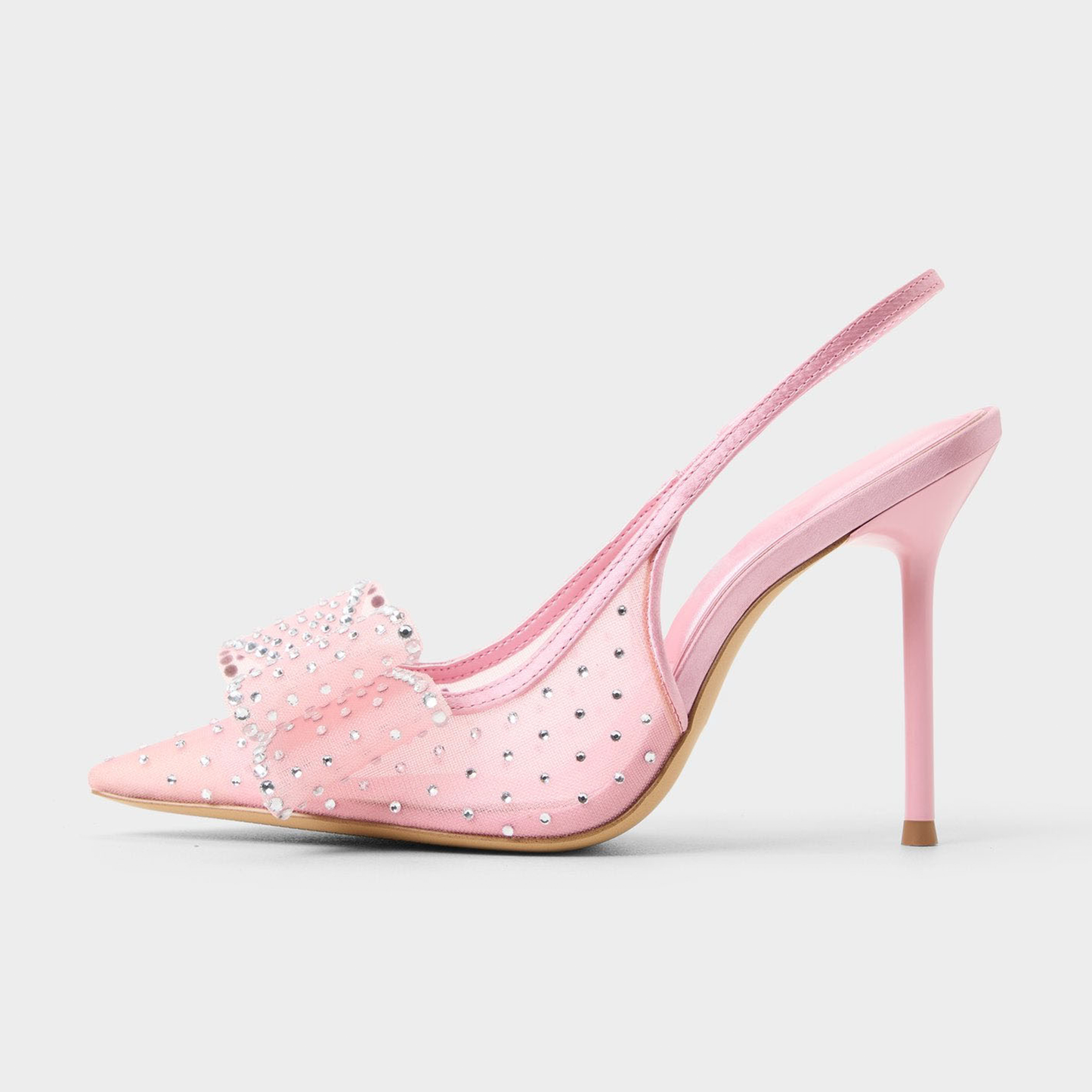 Pink Satin And Mesh Pointed-Toe Full Pearl And Front Bow Slingback High Heels