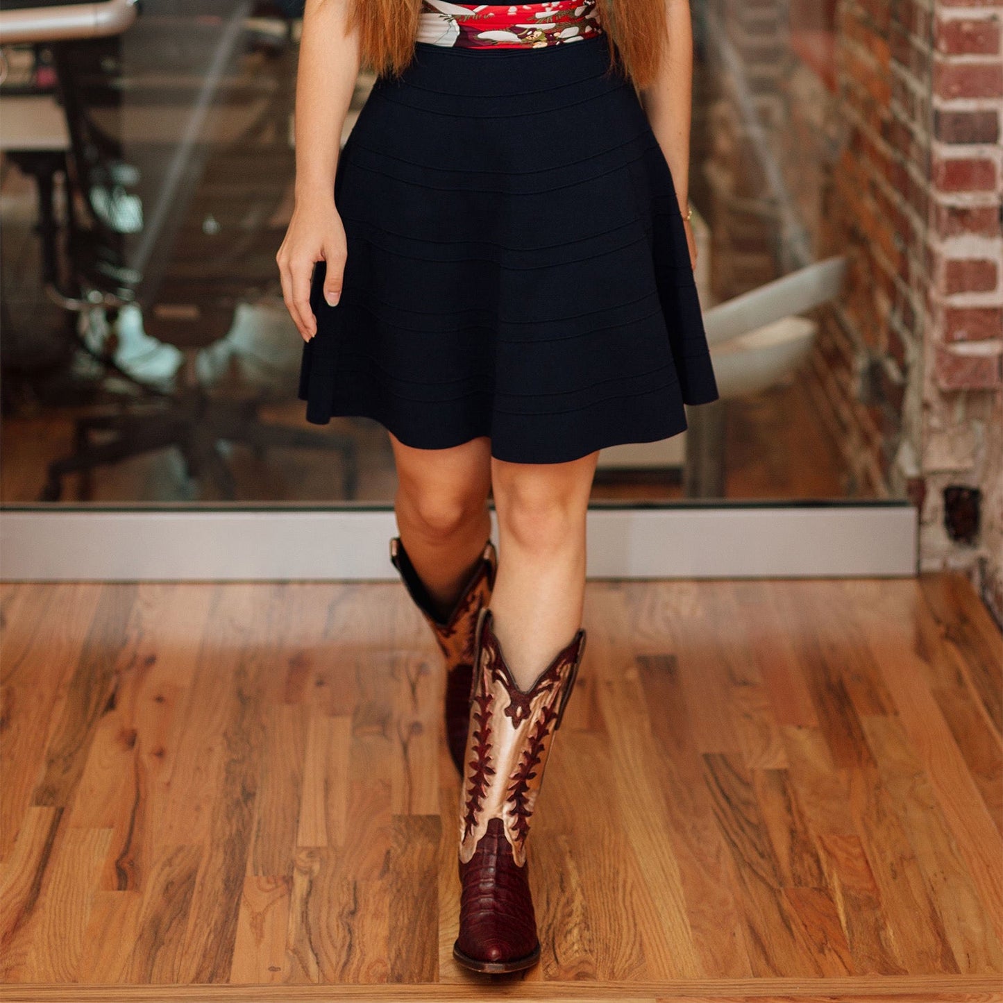 Contrast Brown Crocodile Print And Metallic Champagne Snip-Toe Appliques Mid Calf Cowgirl Boots