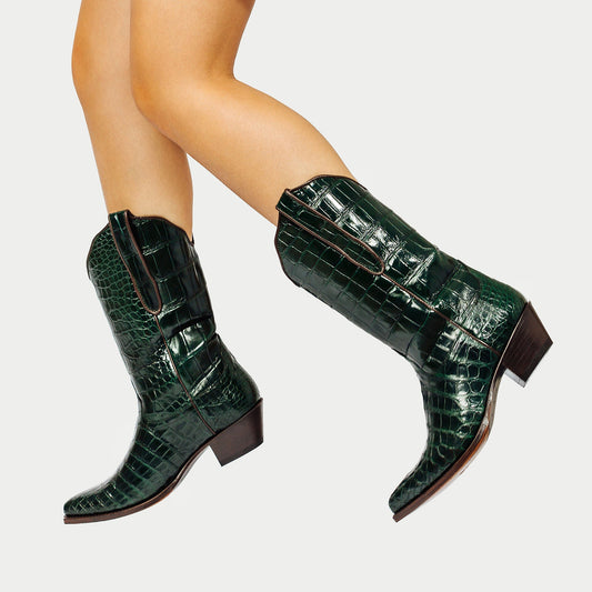 Black Crocodile Print Snip-Toe Simple Mid Calf Cowgirl Boots