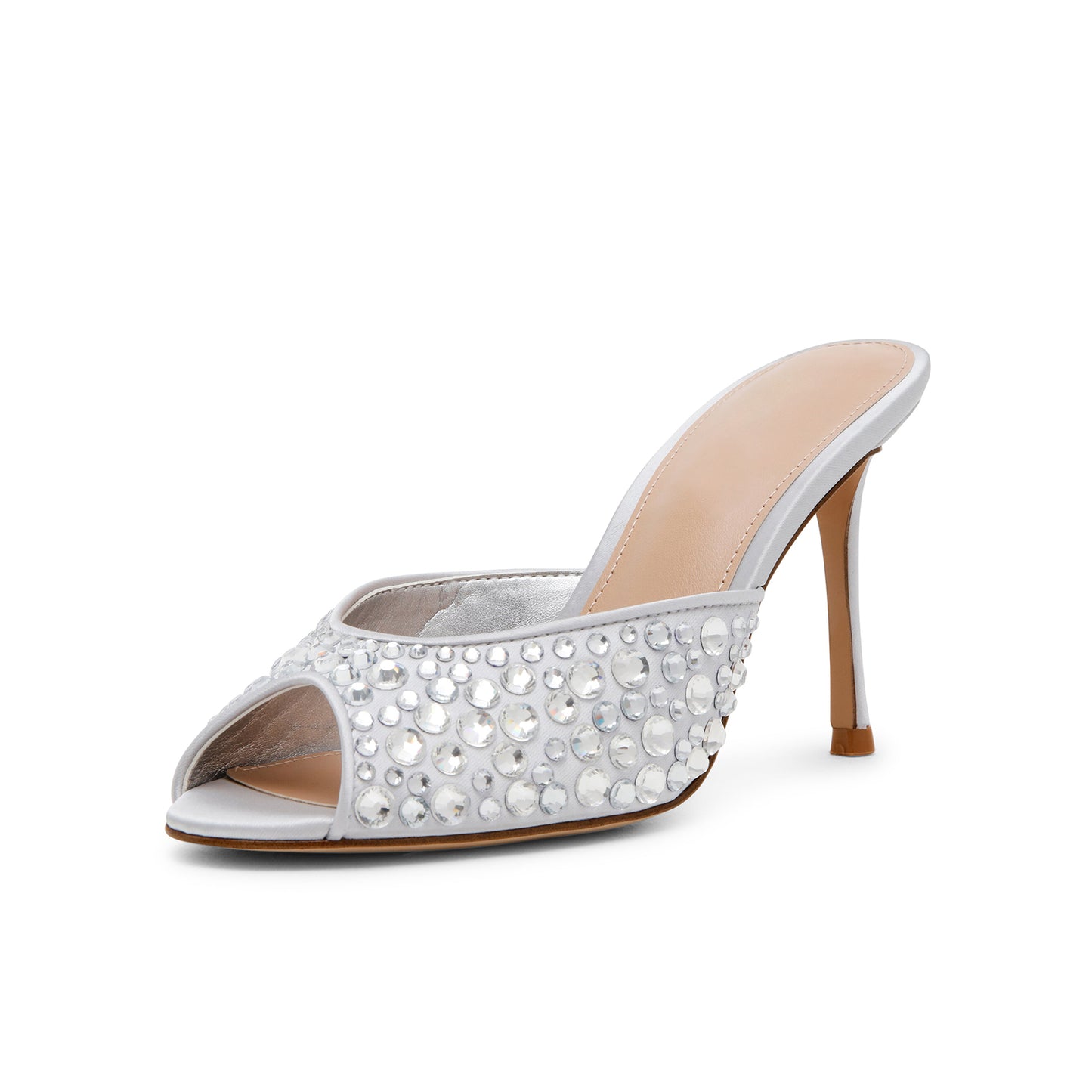 Silver Satin Open Almond-Toe Rhinestone Backless High Heels