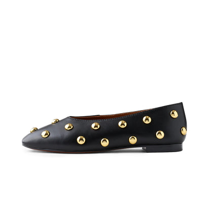 Black Vegan Leather Studded Square-Toe Ballet Flats