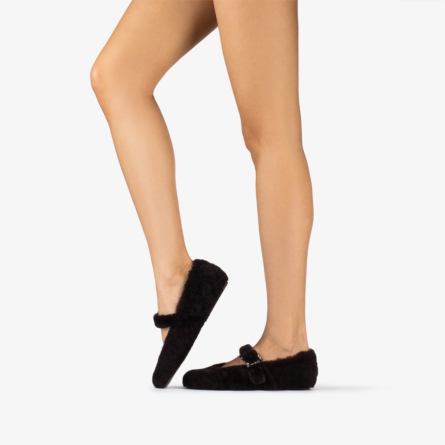 Brown Full Plush Square-Toe Bridge Strap Ballet Flats