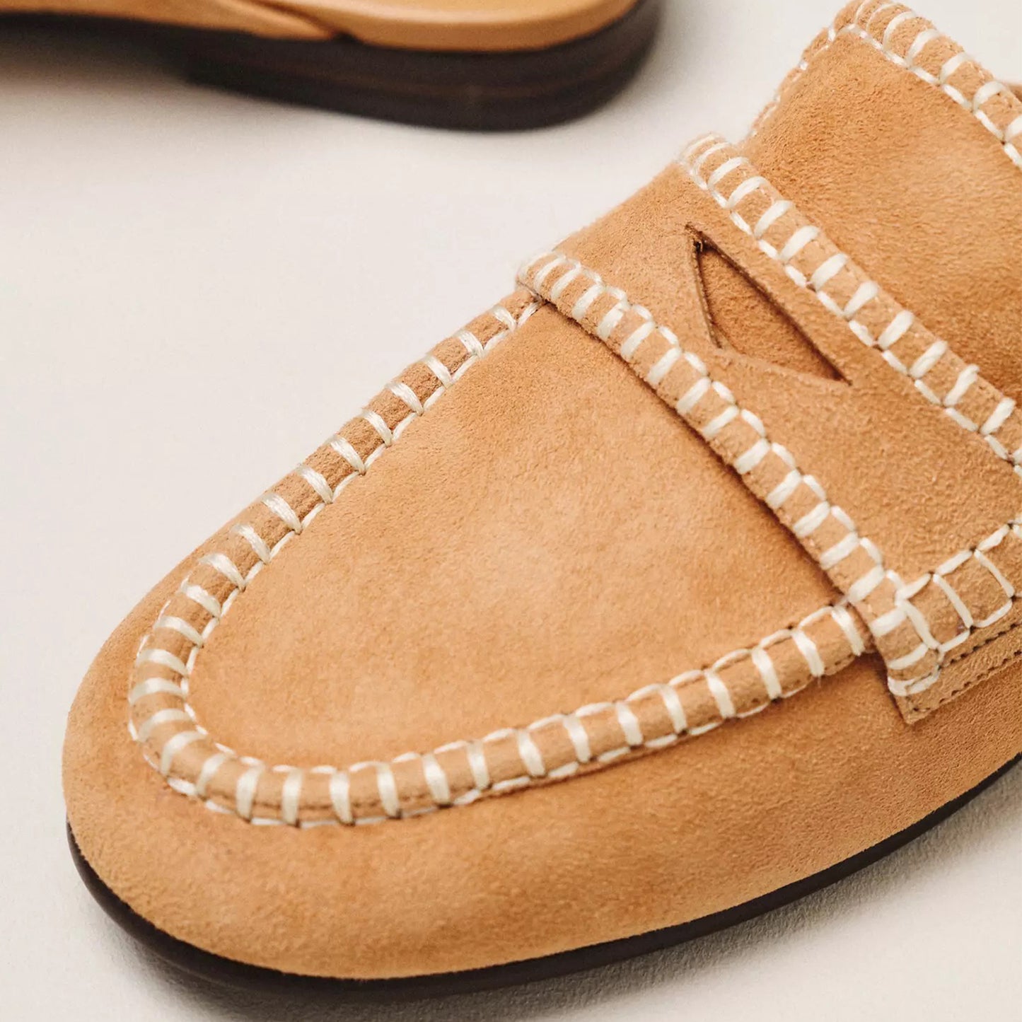 Camel Faux Suede Round-Toe Front Stitch Chic Loafers Flats